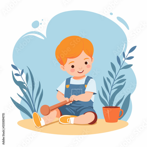 Child playing joyfully with a wooden toy in a vibrant environment, imagination
