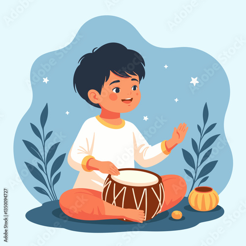Child joyfully playing the dholak at home, a celebration of culture
