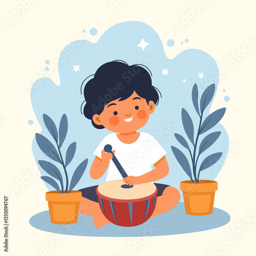 Child playing tamborim joyfully at home, a moment of creativity