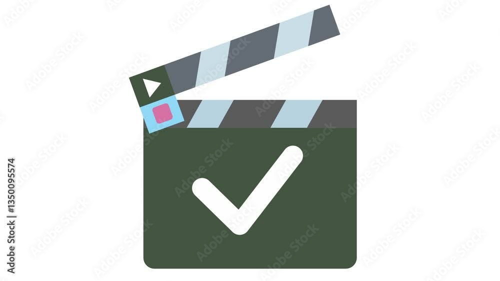 Clapperboard with a correct checkmark in cartoon animation. Approved film production symbol. Completed movie scene icon. Alpha channel. Seamless looping. Cinema take video element