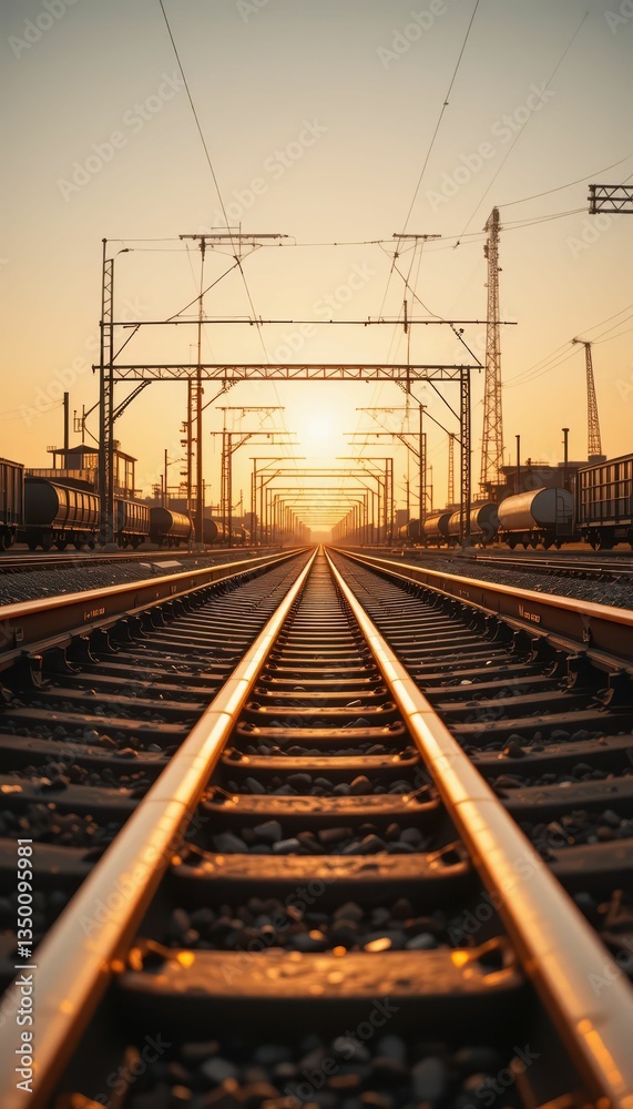 Serene Sunset Over Train Tracks with Glowing Horizon and Silhouettes Serene Sunset Over Train Tracks with Glowing Horizon and Silhouettes