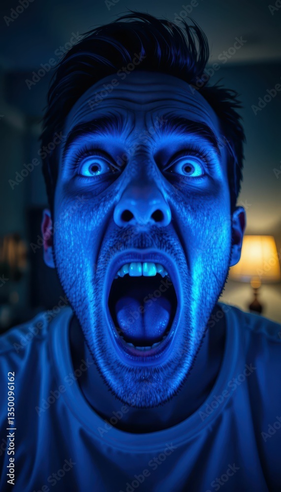 Intense Close-Up of Man Expressing Fear with Blue Lighting Effect Intense Close-Up of Man Expressing Fear with Blue Lighting Effect