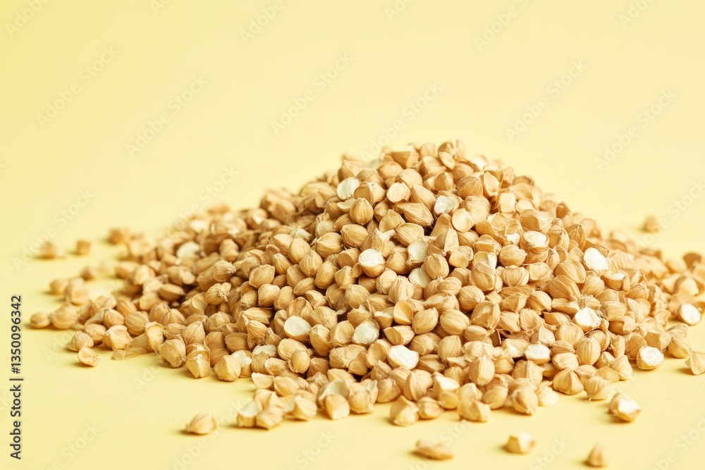 Fototapeta premium A pile of small beige food grains on a yellow surface