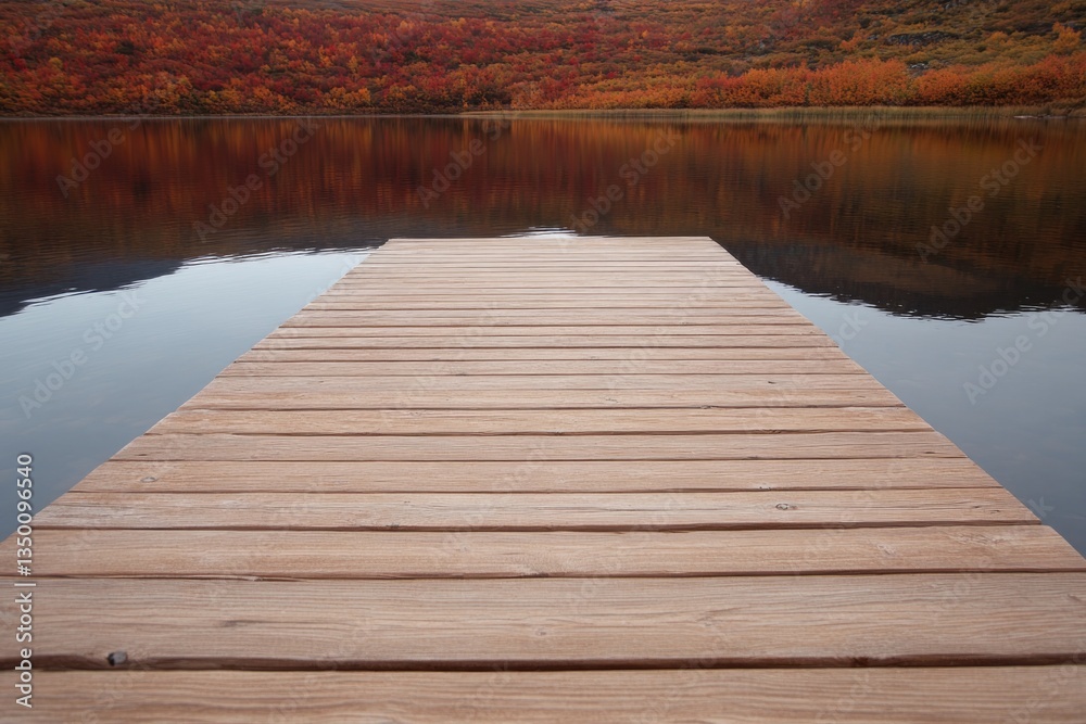 Fototapeta premium Wooden dock extends into tranquil lake, surrounded by autumn fol