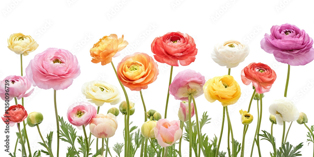 Fototapeta premium PNG Pastel Colorful ranunculus flower bush flowers colorful blossoms.