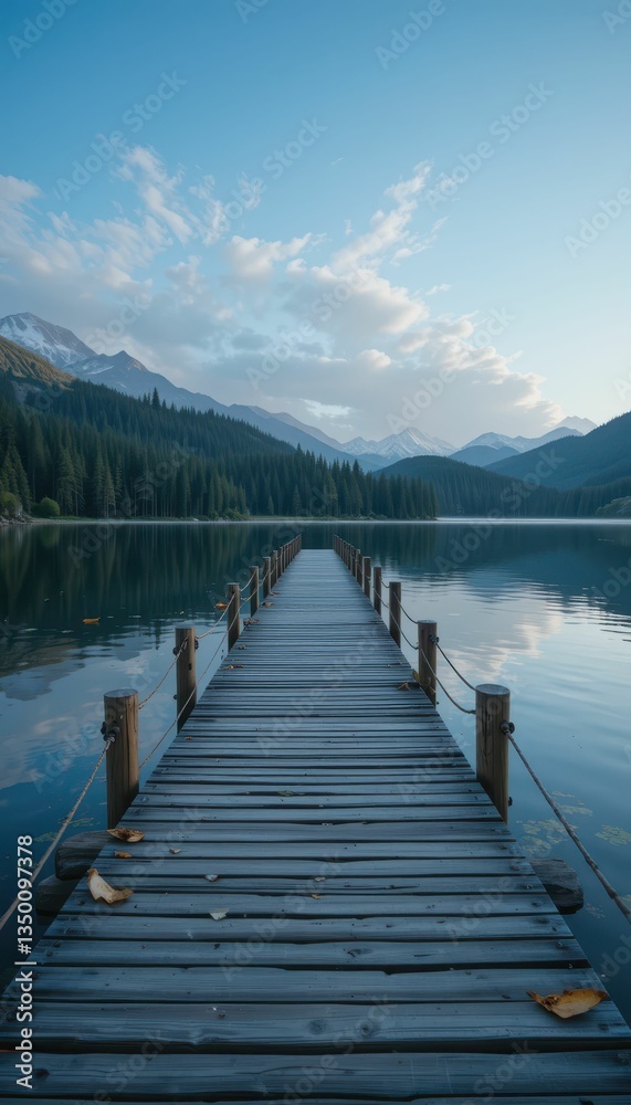 Fototapeta premium Serene Lakeside Dock Under Blue Sky Surrounded by Majestic Mountains