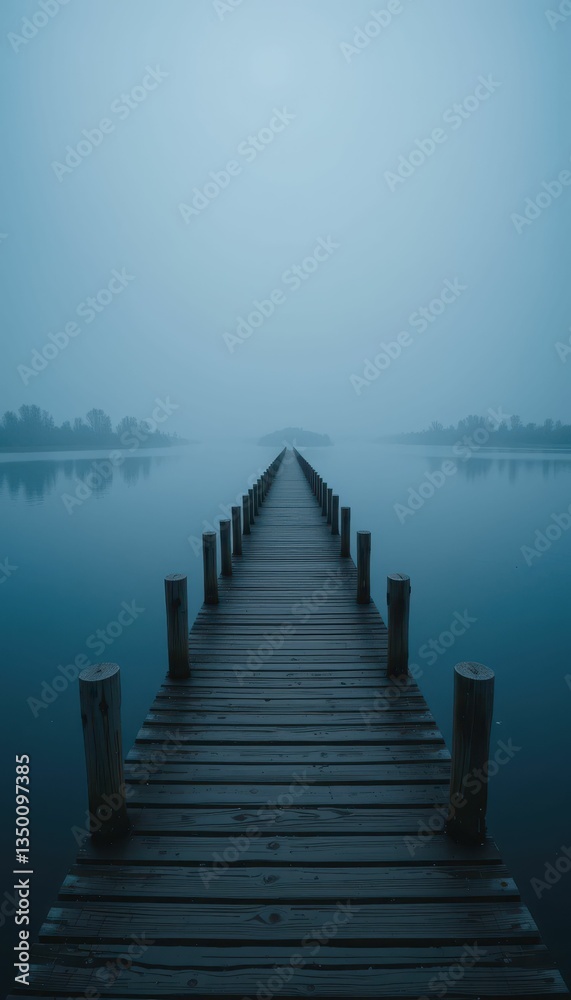 Obraz premium Serene Foggy Pier Stretching Across Tranquil Lake at Dawn