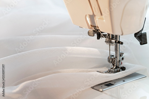 Machine with fabric. Close-up. Copy space.