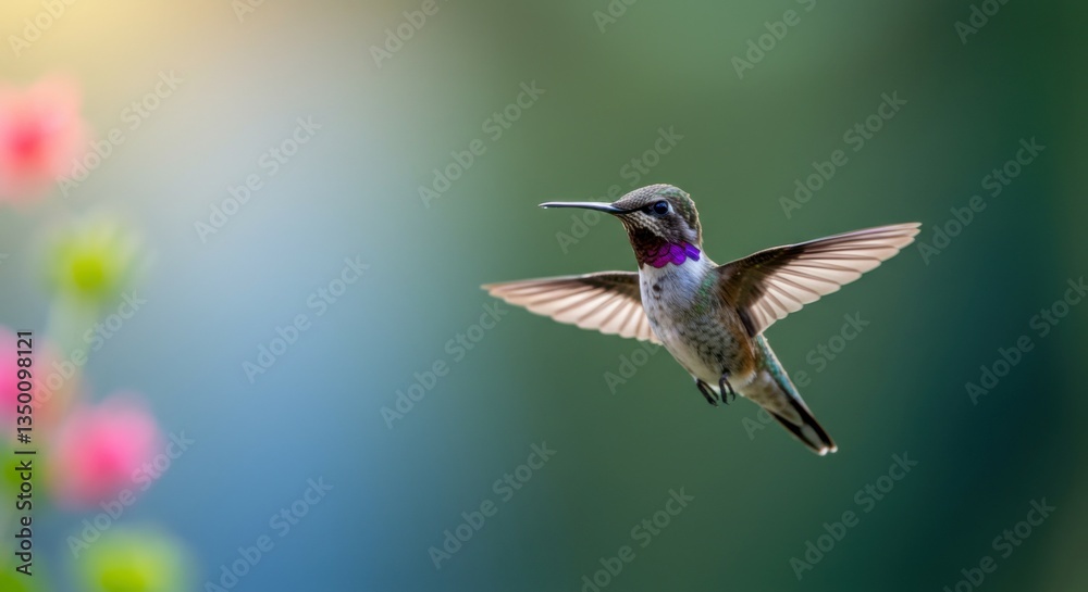 Fototapeta premium A tiny hummingbird flaps its wings rapidly, glowing in the sunlit greenery.