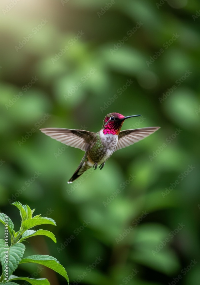 Fototapeta premium A delicate hummingbird flutters gracefully among vibrant green leaves and sunlight.
