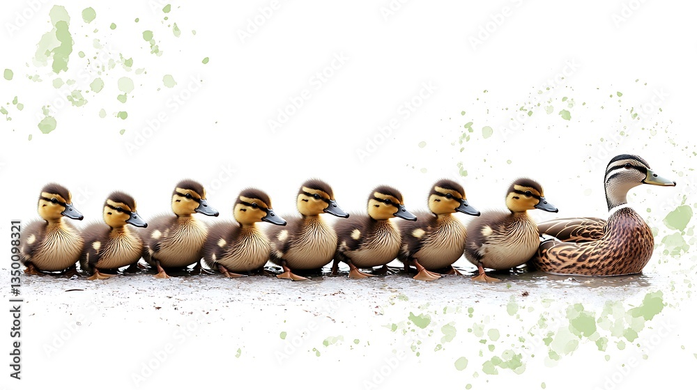 Fototapeta premium Ducklings Following Mother for Nature's Leadership.