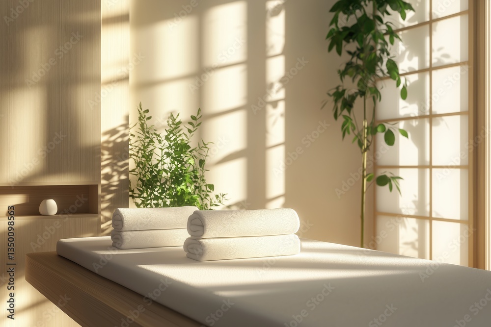 Mesa de massagem com toalhas brancas dobradas em ambiente minimalista com luz do sol filtrada por venezianas e plantas verdes ao redor, IA generativa