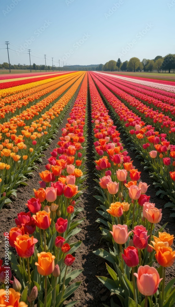 Vibrant Tulip Field with Rows of Colorful Flowers in Blooming Landscape Vibrant Tulip Field with Rows of Colorful Flowers in Blooming Landscape