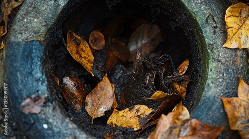 A badly clogged drainpipe with leaves, dirt, and debris stuck inside, captured with extreme close-up
