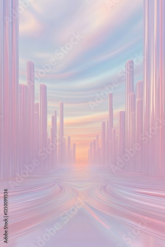 Ethereal landscape with pastel colors, towering structures, sere