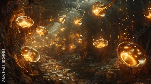 Surreal landscape where floating brass trumpets produce luminous arpeggios that form a spiraling path symbolizing the journey of musical exploration and philosophical thought