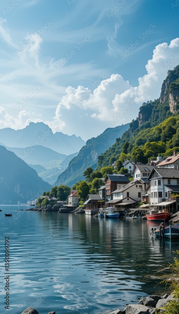 Fototapeta premium Scenic Mountain Landscape with Charming Waterfront Houses