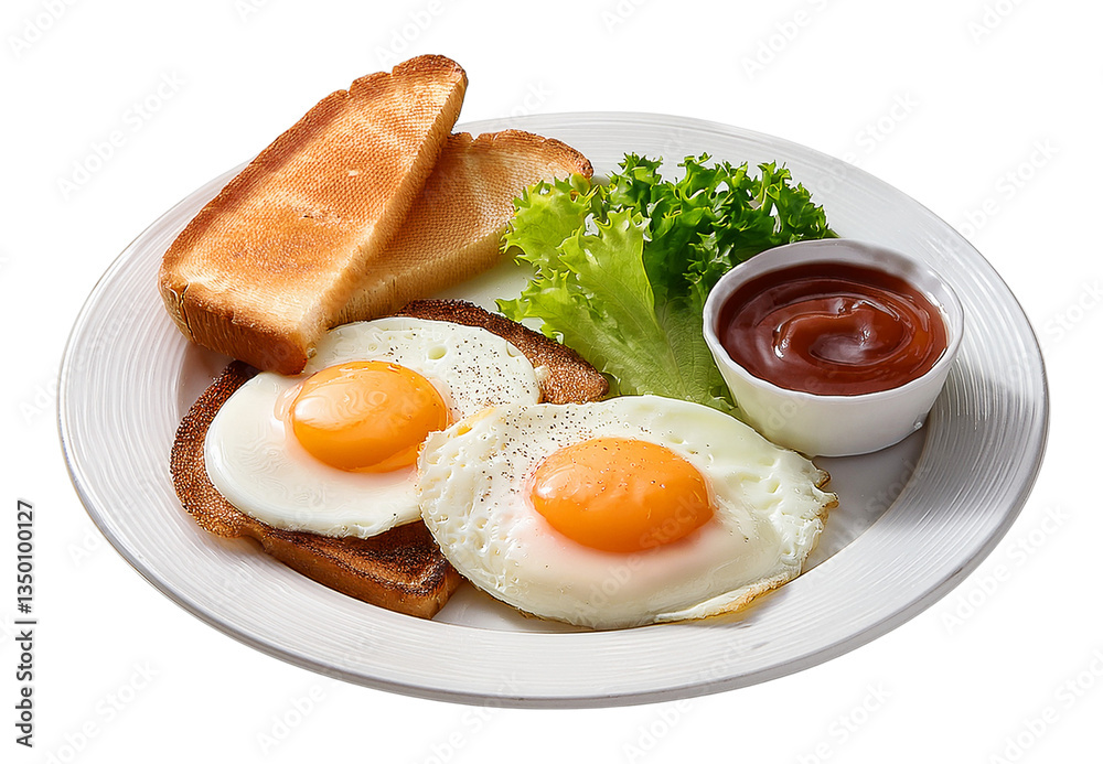 Fototapeta premium Breakfast Plate: Delicious breakfast with sunny-side-up eggs, golden toast, fresh green lettuce, and a small bowl of ketchup arranged on a white plate.