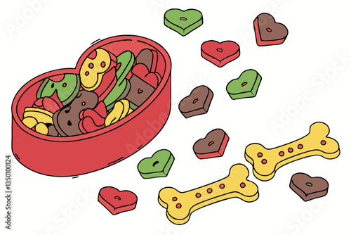 33 Colorful pet treats, Heart-shaped arrangement, Dog biscuits, Multi-colored bone-shaped cookies, Pet food photography, Overhead view, White background, Vibrant colors, Red, green, brown, and yellow 