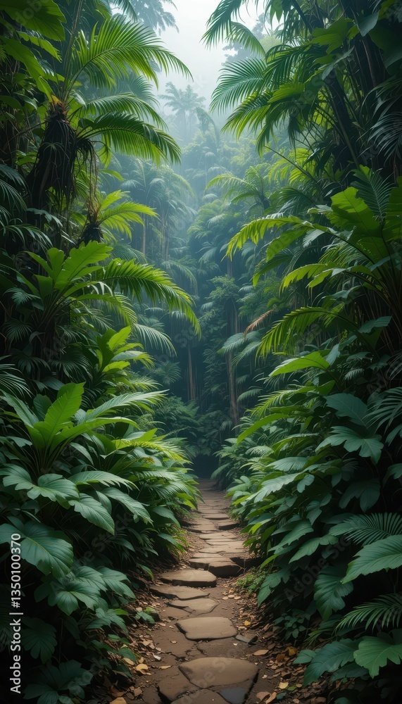 Lush Tropical Pathway Through Dense Green Jungle with Misty Atmosphere