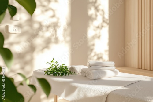 Mesa de massagem com toalhas brancas dobradas em ambiente minimalista com luz do sol filtrada por venezianas e plantas verdes ao redor, IA generativa