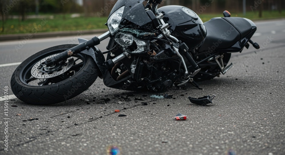 Fototapeta premium Damaged Black Motorcycle on Asphalt