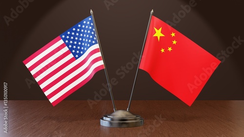 The United States and China national flags on a table. Negotiations and meetings. Diplomacy and relationship. Suitable for news media. High quality image. 3D rendering.