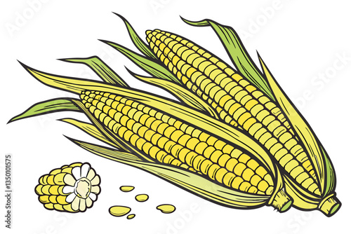 34 Golden corn on the cob, vibrant yellow kernels, fresh green husks, farm-fresh produce, bright natural lighting, detailed texture, hyperrealistic, white background, food photography, macro shot, agr