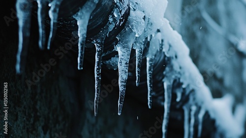 Close up of an ice-covered drainpipe, icicles hanging from the edge, creating a winter aesthetic
