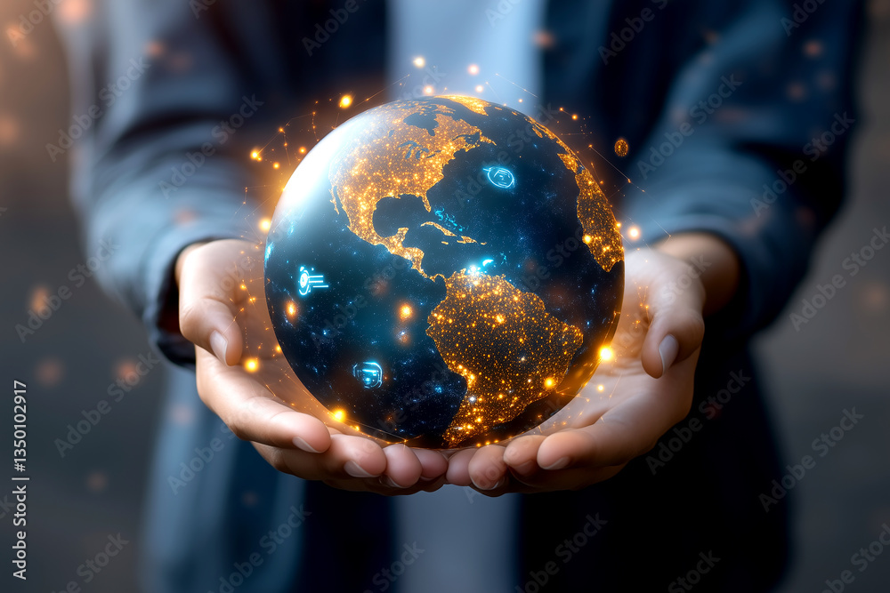 Fototapeta premium Hand holding glowing earth sphere representing technology and digital concepts