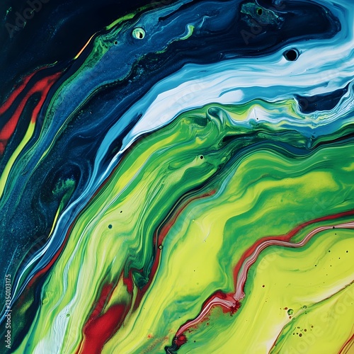Abstract background of acrylic paint in blue, red, yellow and green colors