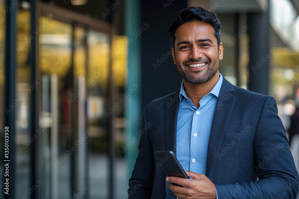 Naklejka premium Professional man smiling while using smartphone outdoors
