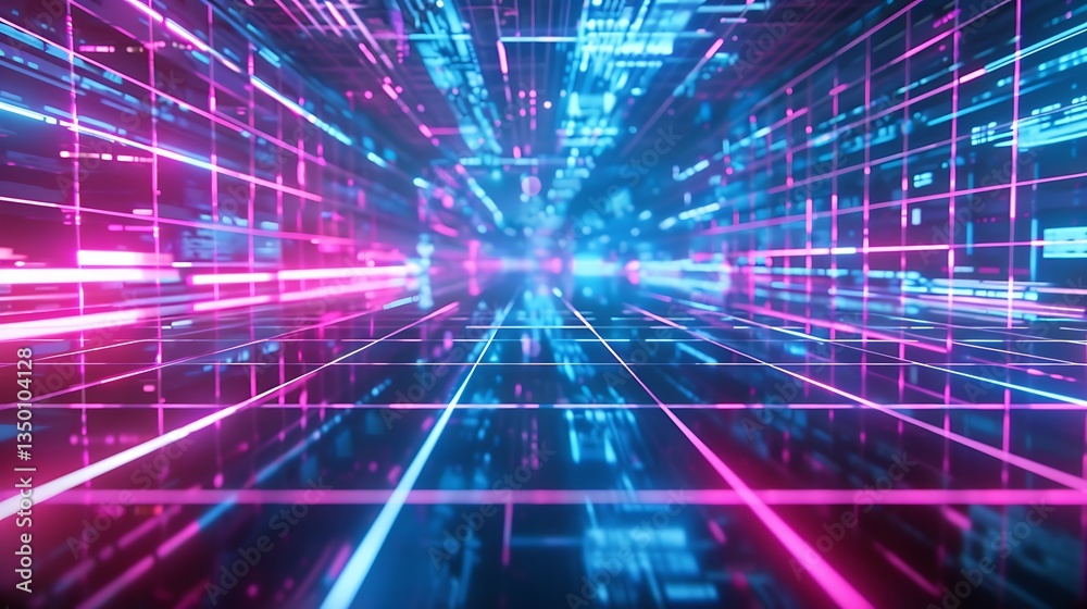 custom made wallpaper toronto digitalAbstract grid of glowing blue and pink lines in a perspective view, suggesting a digital network or futuristic space.

