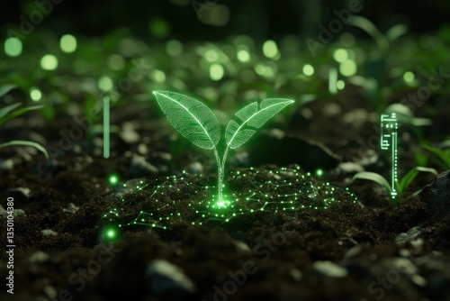 Futuristic glowing sprout in soil with data overlay.