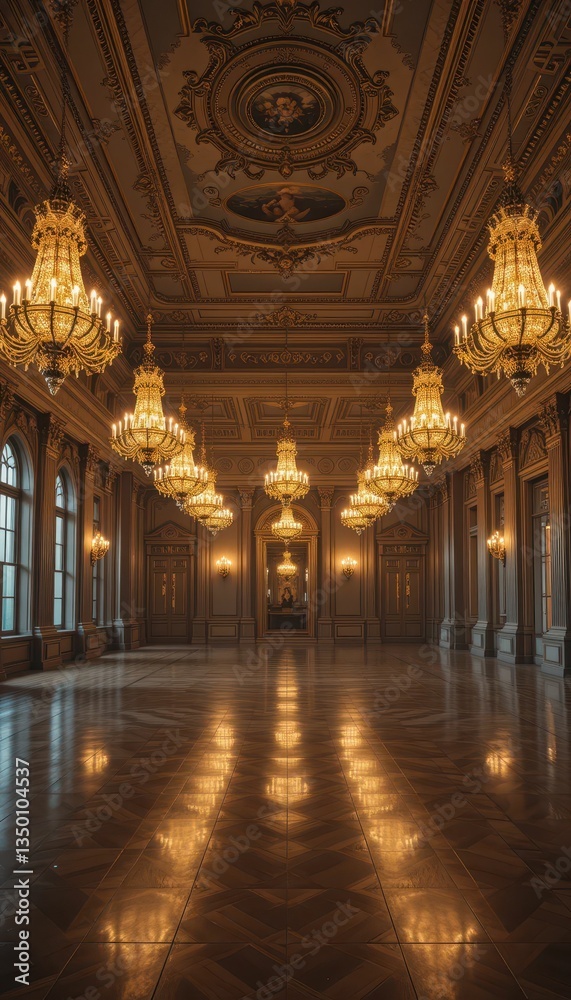 Fototapeta premium Elegant Grand Hall with Chandeliers and Rich Architectural Details