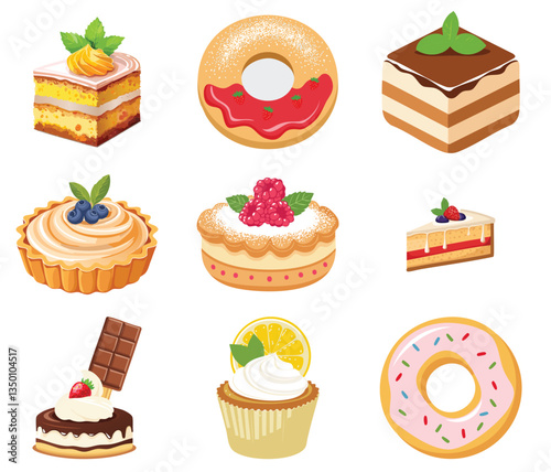 Delicious Sweet Desserts Donuts, Tiramisu, and Strawberry Cake Treats