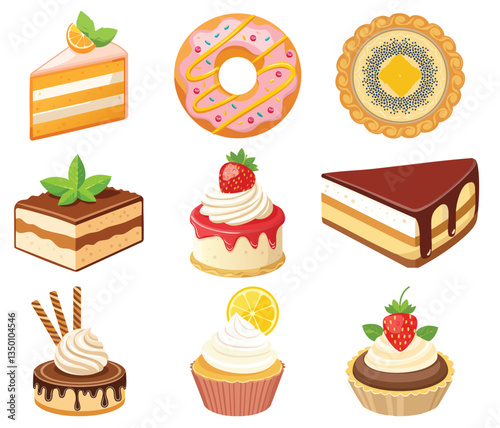 Delicious Sweet Desserts Donuts, Tiramisu, and Strawberry Cake Treats