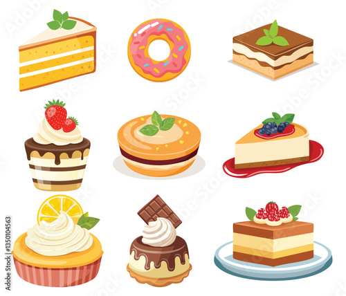 Delicious Sweet Desserts Donuts, Tiramisu, and Strawberry Cake Treats