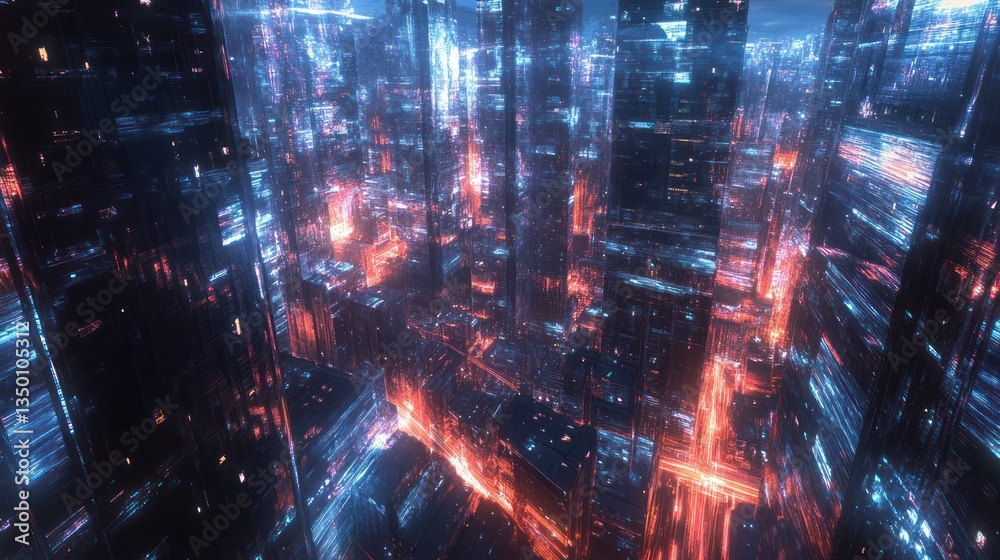 Fototapeta premium Futuristic city skyline at night, aerial view, vibrant colors. Possible use stock photo