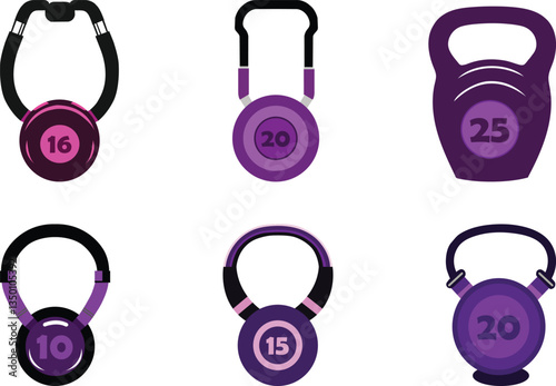 Kettlebell Icons Set Vector Weight Icons for Fitness & Gym Workout Equipment for Strength Training, Flat & Filled Kettlebell Illustrations in Different Sizes & Colors, Gym & Sports Design Elements