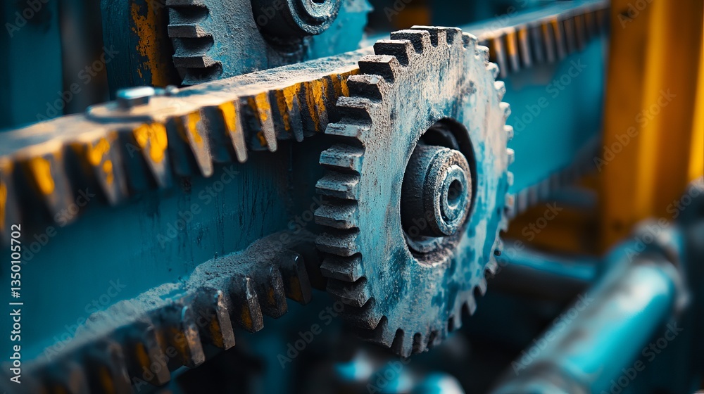 Fototapeta premium Detailed Closeup Industrial Rusty Gears Machine Parts Engineering Technology Background Blue Yellow Metal Texture cog old work worn iron power dirty 