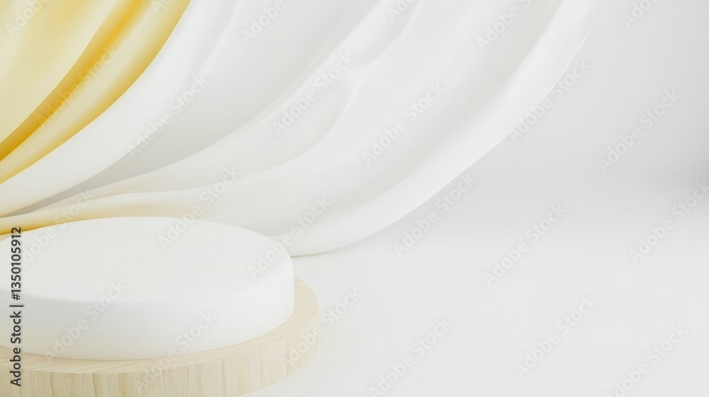 Soft drapery contrasts with smooth surfaces, creating serene, mi Soft drapery contrasts with smooth surfaces, creating serene, mi