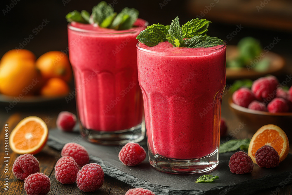 Two glasses of red juice with raspberries and mint on a table Two glasses of red juice with raspberries and mint on a table