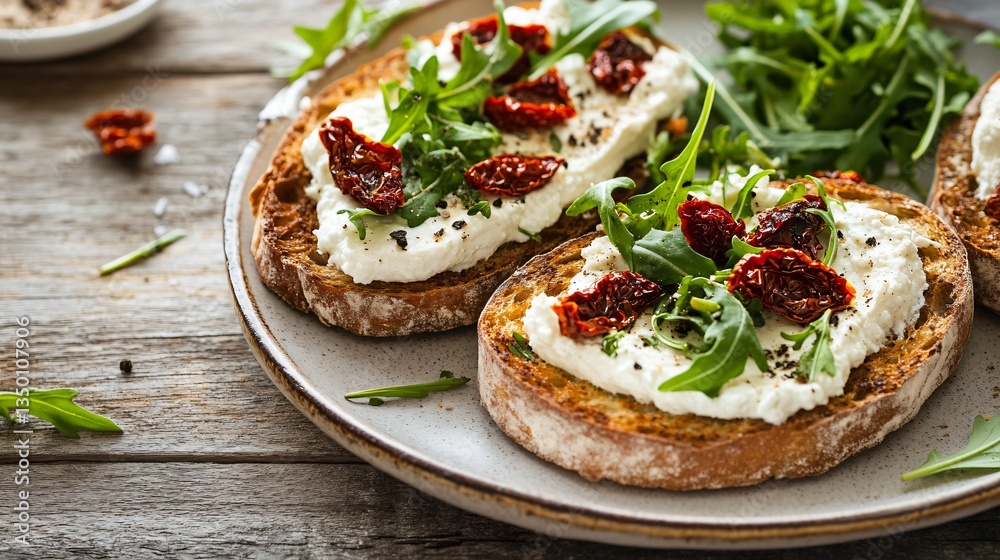 A plate of creamy ricotta spread on grilled artisanal bread, topped with sun-dried tomatoes and arugula, served on a rustic wooden table A plate of creamy ricotta spread on grilled artisanal bread, topped with sun-dried tomatoes and arugula, served on a rustic wooden table