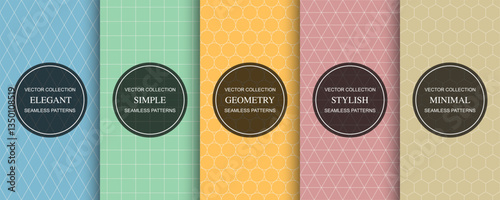 Collection of color seamless simple geometric patterns. Minimalistic geometry ornamental repeatable backgrounds. Grid textures - unusual endless prints