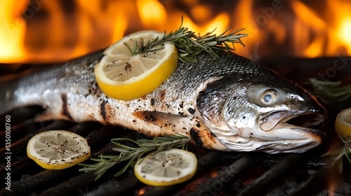 Grilled fish with lemon and rosemary on a grill.