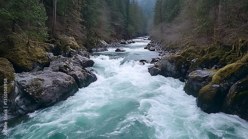Fototapeta premium Fast-flowing river through rocky gorge. Lush forest surrounds