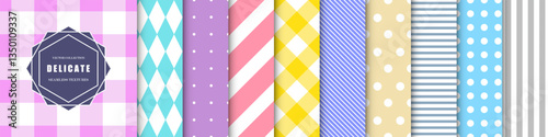 Collection of colorful delicate geometric seamless patterns. Simple cute bright backgrounds with lines and dots. Repeatable unusual minimalistic prints. Textile endless textures