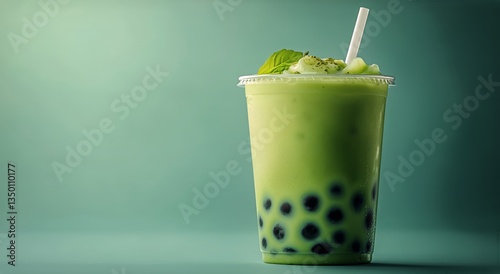 Refreshment Served in a Clear Cup Filled With Green Beverage and Tapioca Pear...
