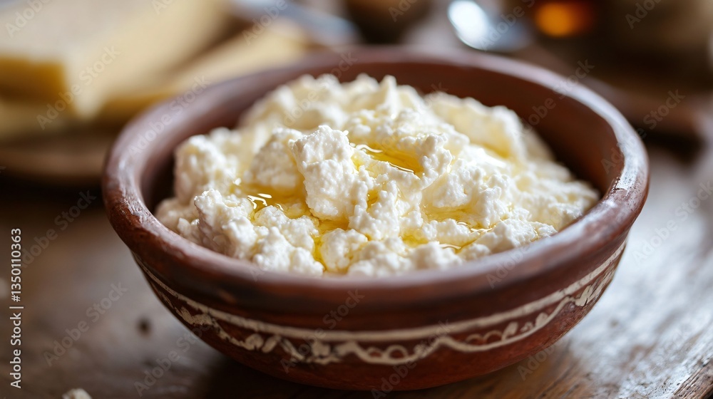 Hand-scooped ricotta cheese served in a rustic clay bowl, showing its soft curd-like texture, accompanied by a drizzle of local honey Hand-scooped ricotta cheese served in a rustic clay bowl, showing its soft curd-like texture, accompanied by a drizzle of local honey